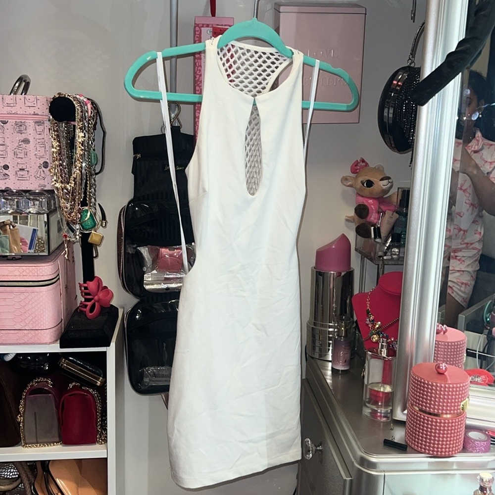 Bebe White side Cut-Out netted back Bodycon mini Dress vintage - Picture 6 of 6